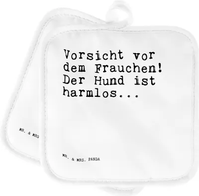 Produktbild von Mr. & Mrs. Panda Topfuntersetzer Vorsicht vor dem Frauchen!... - Weiß - Geschenk, Frauen, Topflappenset, topfhalter, Freundin, Topflappen, Sprüche, Kochlappen, Frau, Hund