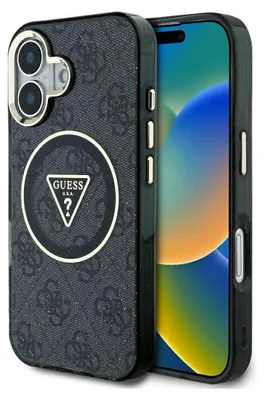 Image de GUESS étui compatible IPHONE 16 avec MagSafe GUHMP16SHG4PRTGK (IML Metal Glitter 4G Circle Triangle) black