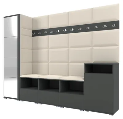Obrázek produktu pro Šatní skříň NELA XI 250 cm – modulární nábytek do předsíně, grafitová barva se zrcadlem a sedákem v krémové barvě 01 (velká sada)