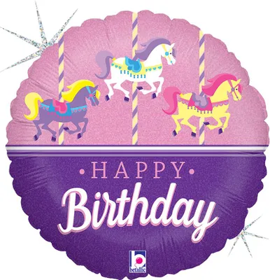 Produktbild von 18"/Ø46cm Folienballon "Happy Birthday" Karussellpferdchen Holo