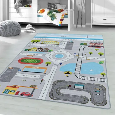 Produktbild von TapisTrend Kinderteppich Grau 80x120 cm Kurzflor- mit Verkehrsmotiv