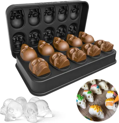 Produktbild von Eiswürfelform mit Totenkopf-Form – 3D-Eiswürfelform mit Deckel – BPA-freie Silikon-Eiswürfelform für 10 Eiswürfel – ideal für Whisky