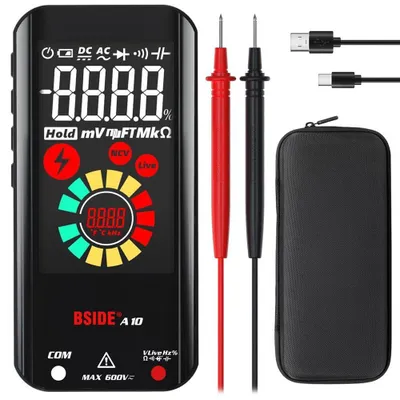 Obrázek produktu pro BSIDE Digitální multimetr, dobíjecí, 3 výsledky, 9999 počítání, barevný LCD displej, V-Alert, zkoušečka napětí, černá barva