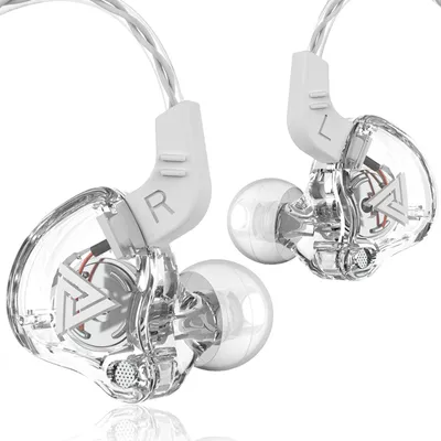 A pair of transparent in-ear headphones with white accents and a white cable, shown against a white background.