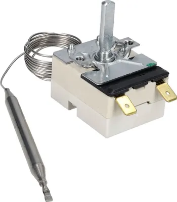 A close-up studio shot of a thermostat with a temperature probe and coiled wire.