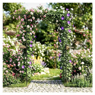 Produktbild von Rosenbogen mit Futterstation für Vögel, Gartenbogen aus Metall, 213 cm, Torbogen mit Wasserschale, Tablett & Hängeset, Metallbogen für Wildvögel & Kletterpflanzen, Rosengitter Garten (Schwarz)
