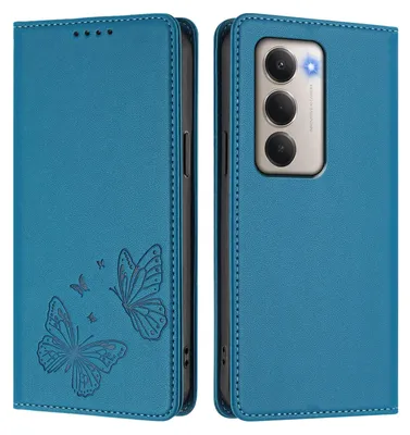 Produktbild von Lederhülle für Xiaomi Redmi 15 5G/4G, Schmetterling Prägung Leder Brieftasche Schutzhülle mit Ständer Blau