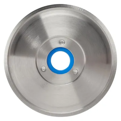 A close-up, top-down view of a circular metal blade with a blue insert in the center, set against a plain white background.