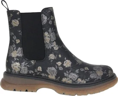 A single black boot with a floral pattern is shown against a white background.