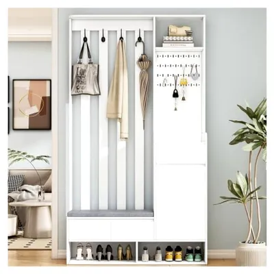 Produktbild von Flurgarderobe mit Sitzbank und Stecktafel - Weiß, Schuhschrank mit 4 Haken und gepolsterter Bank, schmale 100 cm Breite für Eingangsbereich und Waschküche