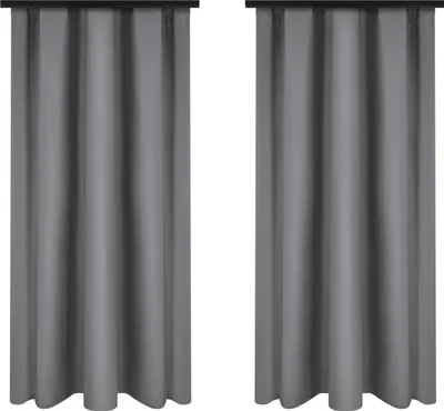 Two gray curtains hanging side-by-side against a white background.