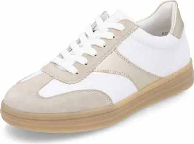 A single white and beige low-top sneaker is shown from a side-angle on a white background.