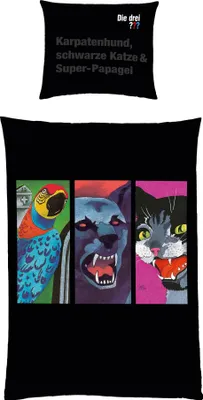 Produktbild von Wende Bettwäsche Set DIE DREI ??? Fragezeichen · Kinderbettwäsche 135x200 80x80 cm aus 100% Baumwolle · Motiv mit Tieren Hund Katze Super Papagei