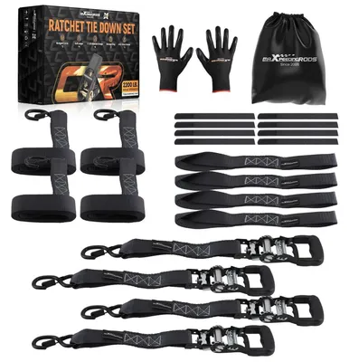 Immagine prodotto di Set di cinghie di fissaggio Ratschen, composto da 4 pezzi, capacità di carico 2362 kg, con passanti imbottiti e ganci a S, lunghezza 2,4 metri, larghezza 4 cm, colore nero. Include una custodia e dei guanti