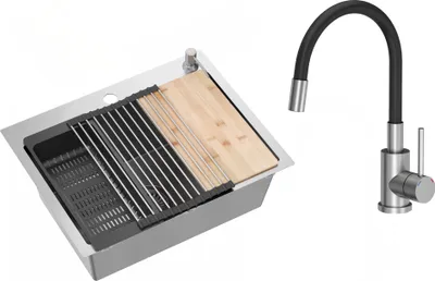 Obrázek produktu pro VBChome Nerezový dřez s baterií 58 x 45 cm Sada příslušenství z kartáčované nerezové oceli Dávkovač Krájecí deska Rolovací podložka Skládací odkapávací stojan Sifon