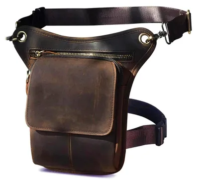 Image de Poche de jambe pour hommes, sac de hanche, sac à porter sur la cuisse, couleur marron foncé, cuir véritable, dimensions : 15 x 3,5 x 22 cm