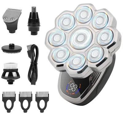 Produktbild von Glatzen Rasierer Herren IPX6 Wasserdicht Kopfrasierer Glatze mit 9D Scherköpfe Wiederaufladbarer Rasierer Magnetische Schwebender Kopf mit LED 9D 5 in 1
