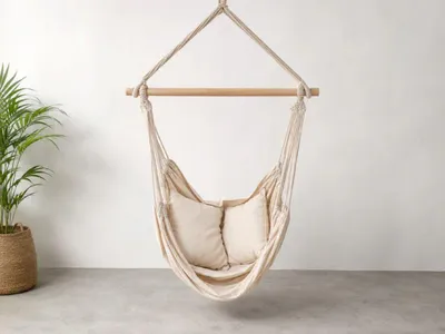 Produktbild von Hängesessel Beige – 130 × 100 cm inkl. 2 Kissen, Seil, Holzstab & S-Hake