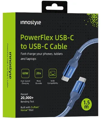 Obrázok produktu pre Innostyle Powerflex USB-C Rýchlonabíjací Kábel Pro Iphone Samsung 3a 60W Polyamid 2m Modrý