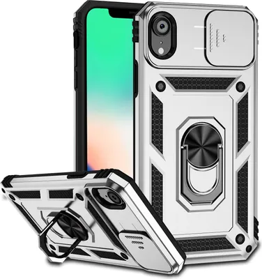 Image de Étui pour iPhone XR étui double couche avec couvercle coulissant pour appareil photo et support annulaire Argent
