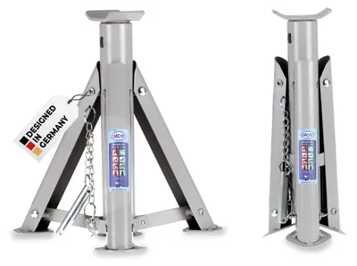 Obrázek produktu pro alca® Podpěrka pro podepření vozidla, nosnost 2 tuny, skládací. Sada podpěr (2 kusy), skládací, s 3 stupni nastavení výšky a bezpečnostní zarážkou. Hmotnost: 1,6 kg na podpěru. Výška: 260–360 mm. Materiál: ocel, barva: stříbrno-šedá