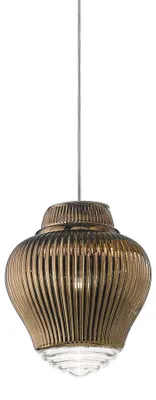 Image de Clyde Lampe À Suspension En Verre Soufflé Bronze Avec Traitement Rigadin, Structure En Métal Gris Et Câbles En Tissu, Hauteur 315 Cm, E27