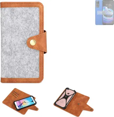 Produktbild von K-S-Trade Handyhülle kompatibel mit HTC Wildfire E3 Lite Schutzhülle Filz-Hülle Kunst-Leder hellgrau braun (1x)