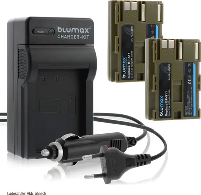 Produktbild von 2x Akku + Lader für Canon EOS 300D 50D 40D 30D 2 BP-511 511A 1600 mAh (7,4V)