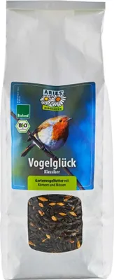 A bag of bird food with a robin on the packaging.