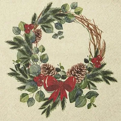 Produktbild von 20 kleine Cocktailservietten Natural Wreath - Geschmückter Weihnachtskranz 25x25cm