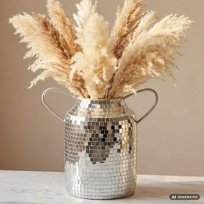 Produktbild von WOHNLING Tischvase Aluminium 32cm Silber Blumenvase mit Henkel Metallvase Dekovase rund für Trockenblumen Alu Standvase Vase Hoch Wohndeko Handmade, KI-generiertes Bild