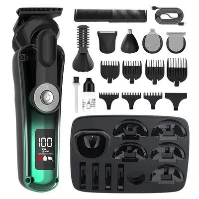 Produktbild von Haarschneider, 6-in-1 Barttrimmer mit LED-Anzeige – Haarschneider, Körperhaartrimmer, Gesichtshaartrimmer, Wiederaufladbarer Nasentrimmer Präzisionstrimmer
