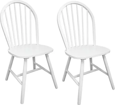 Two white wooden chairs are shown against a white background.