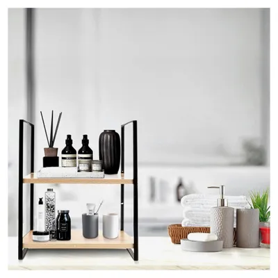 Produktbild von Schreibtischregal, Küchenregal für Arbeitsplatte, 2-stufiges Holz-Bücherregal (Schwarz + Holz)