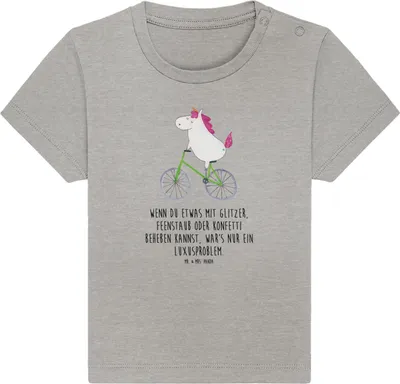 Produktbild von Mr. & Mrs. Panda  T-Shirt Einhorn Radfahrer 0. - 6. Monat - Heather Grey - Geschenk, Liebeskummer, Kinder, Unicorn, Baby Baumwollshirt, Rad, Radfahren, Kurzarmshirt