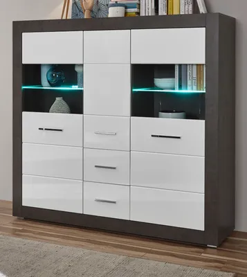 Produktbild von Highboard "Briard" in weiß Hochglanz und grau Stone Wohn- und Esszimmer Vitrine