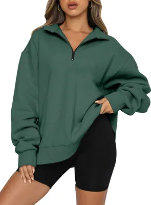 Produktbild von ASKSA Damen Sweatshirts 1/4 Reißverschluss Pullover Langarm Oversized Tunika Oberteil Tops, Dunkelgrün, L