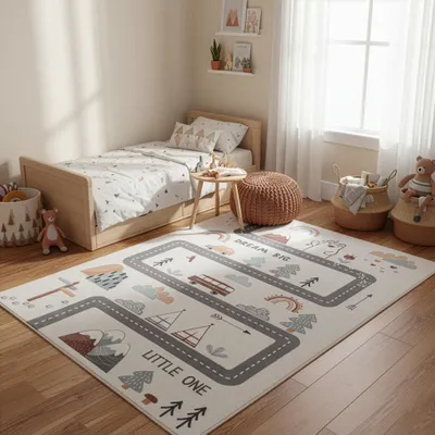 Obrázok produktu pre Carpetsale24 Detský koberec Koberec na hranie pre detskú izbu v krémovej farbe s motívom vozidiel a prírody Veľkosť 160 x 230 cm, ideálny pre veľké detské izby