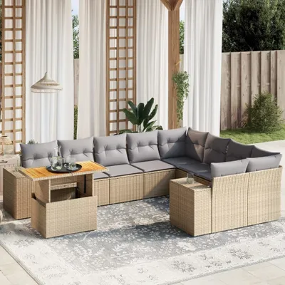 Produktbild von Design 10-tlg. Garten-Sofagarnitur mit Kissen Beige Poly Rattan, Gartenmöbel-Sets 2024 Neu