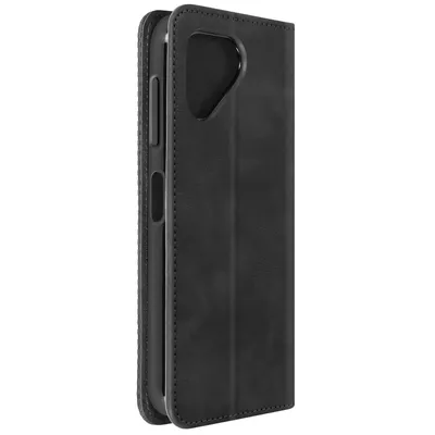 A black wallet case for a phone, shown from the side with the cover open.