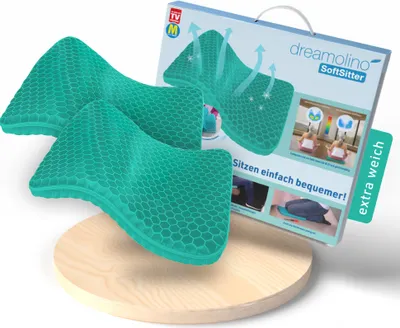 A product box and two teal seat cushions are displayed on a wooden surface.