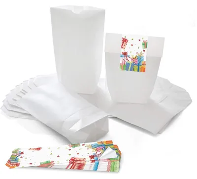 Produktbild von Logbuch-Verlag 50 weiße Geschenktüten Kindergeburtstag + 50 Geschenkaufkleber – Papierbeutel zum Verpacken von Geschenken Mitgebsel buntBunte Geschenke / 10 Stück