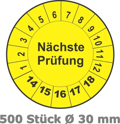 Produktbild von 500 Stück Prüfplaketten für 5 Jahre und 12 Monate, Durchmesser 30 mm rund, Farbe gelb, Aufkleber, Prüfaufkleber, Prüfetiketten, Folienaufkleber mit UV-Schutzlackierung, Prüfung ( Auf-P7 )
