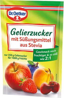 A product package for Oetker Gelierzucker with Stevia, featuring images of fruits.