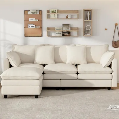 Productafbeelding van L-vormige hoekbank, beige, 3-zits met chaise longue, chenille, 212x150x90 cm