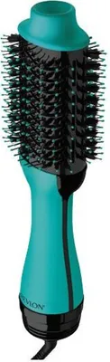 A turquoise and black Revlon hot air brush is shown against a white background.