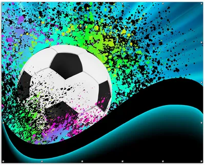 Produktbild von Wallario XXL Outdoor-Poster für Garten oder Balkon, Motiv Fußball - Design Wellen und Regenbogen in blau, in ca. 250 x 200 cm