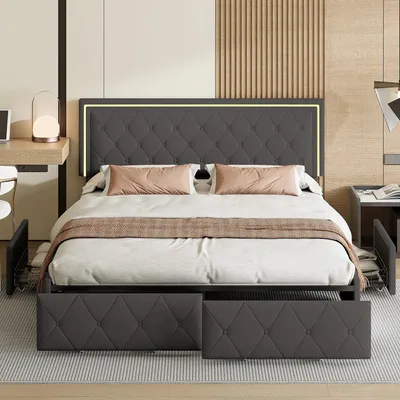 Image de Lit moderne - Structure de lit - Lit double - Lit avec rangement - Lit avec éclairage LED - Gris, 160x200 cm