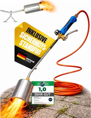 Produktbild von STAHLMANN® Unkrautbrenner [1850 °C] Abflammgerät aus Edelstahl mit 5 m Gasschlauch, stufenlos regelbar, 90 cm lang für aufrechtes Arbeiten, Unkrautvernichter ohne Chemie