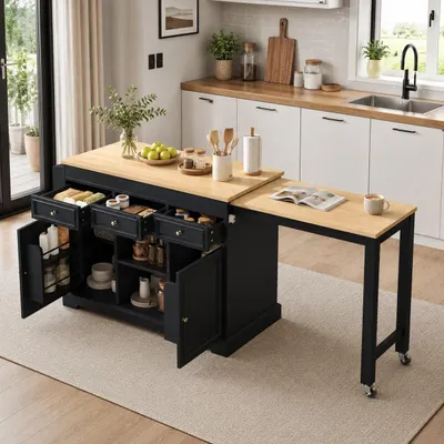 Produktbild von Ausziehbare Kücheninsel auf Rollen, Schwarz | 112-188 x 45 x 92 cm | Gewürzregal | 3 Schubladen | Verstellbare Einlegeböden